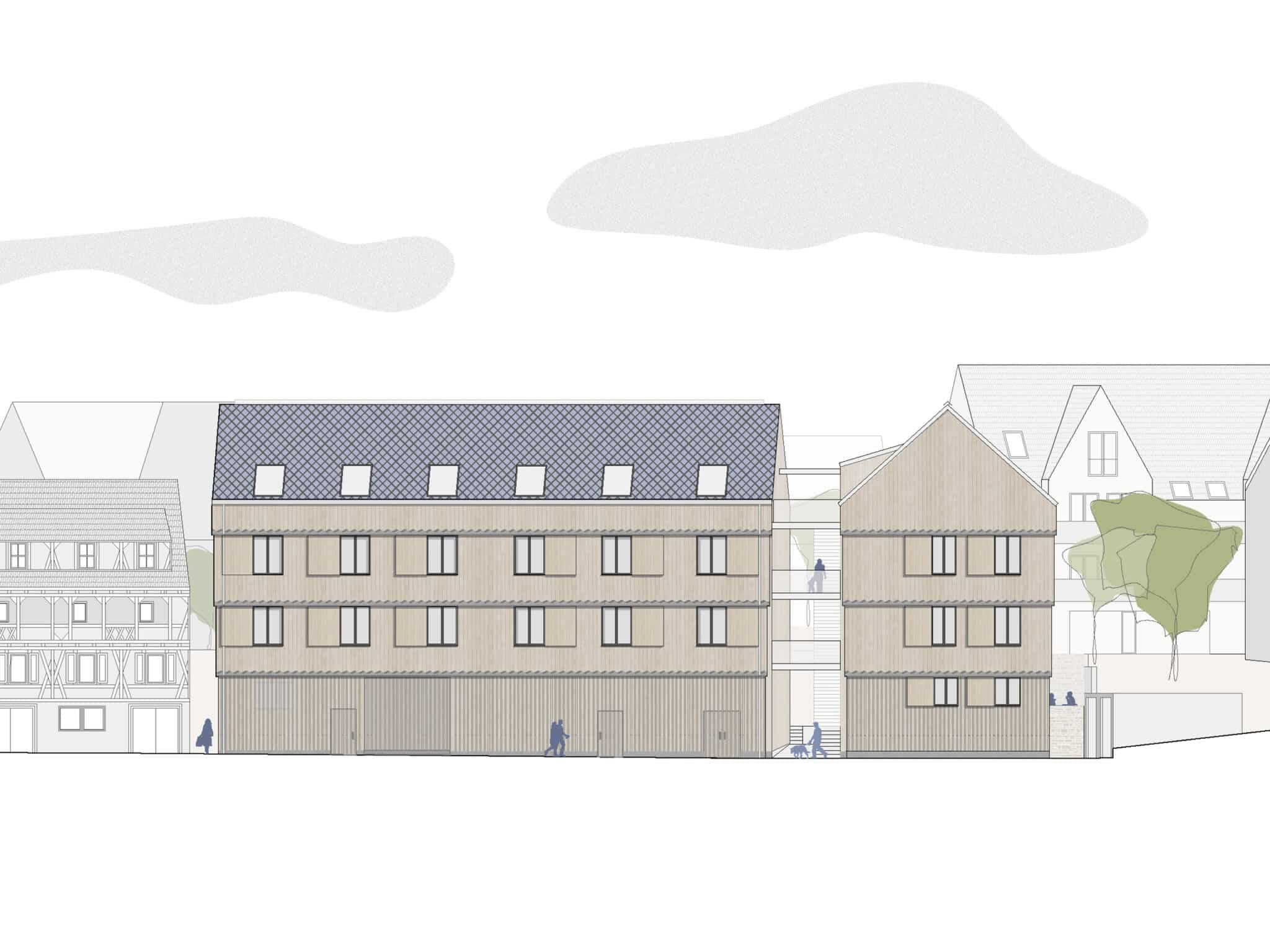 Architekturillustration von zwei modernen, dreistöckigen Holzgebäuden – die an das „Haus von Hier“ in Bad Boll erinnern –, mit zahlreichen Fenstern, vor dem Hintergrund stilisierter Bäume und Wolken sowie kleiner Menschenfiguren, die in der Nähe spazieren gehen.