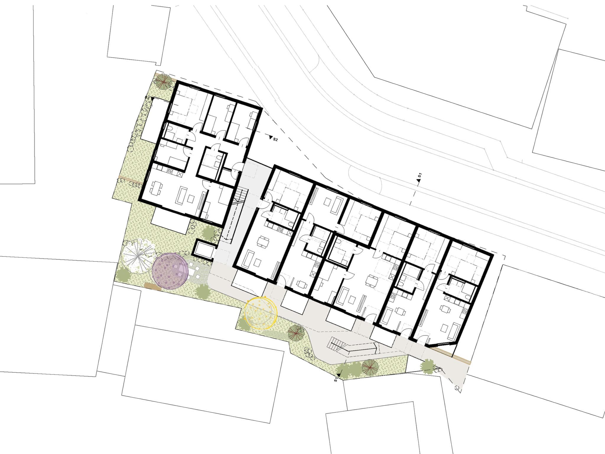 Architektonischer Grundriss, der mehrere rechteckige Wohneinheiten zeigt, die im „Haus von Hier“ in Bad Boll in einer Reihe angeordnet sind, mit umrissenen Räumen, umgebenden Wegen, Außenanlagen, Bäumen und angrenzenden Straßen.