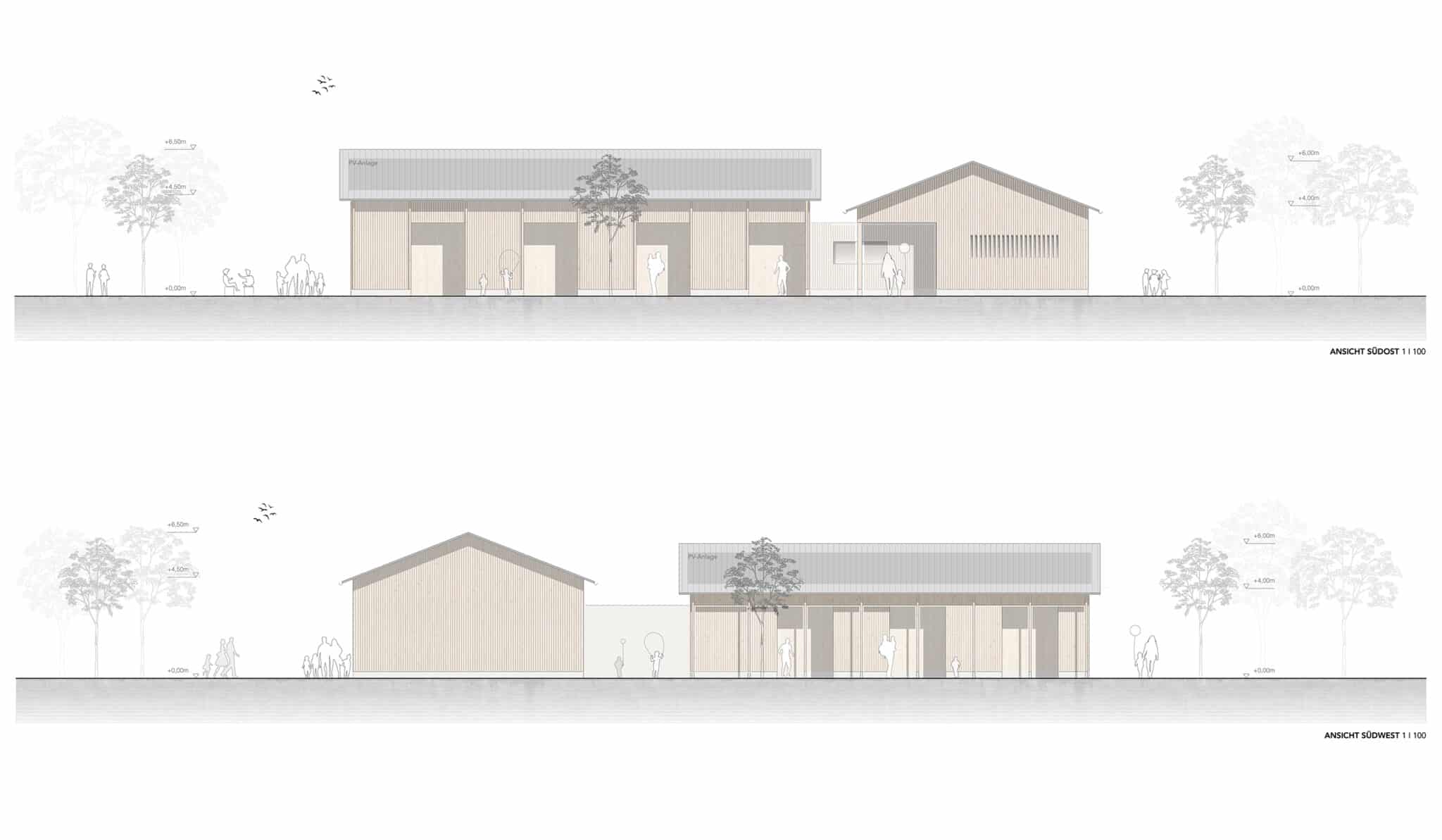 Architektonische Entwürfe von zwei Gebäudefassaden mit modernen und klassischen Elementen.