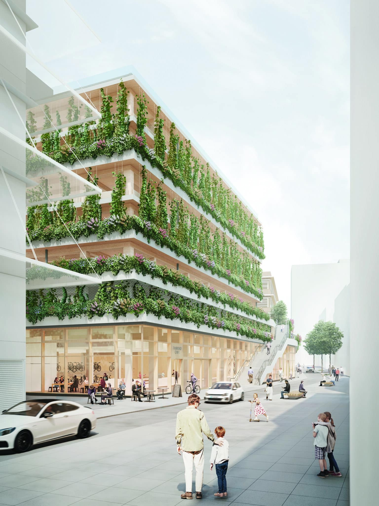 Architekturvisualisierung eines mehrgeschossigen Gebäudes mit üppig begrünten Terrassen und Fassaden. Im Erdgeschoss befinden sich verglaste Gewerbeflächen, davor eine belebte Straße mit Fußgängern, Radfahrenden und Autos.