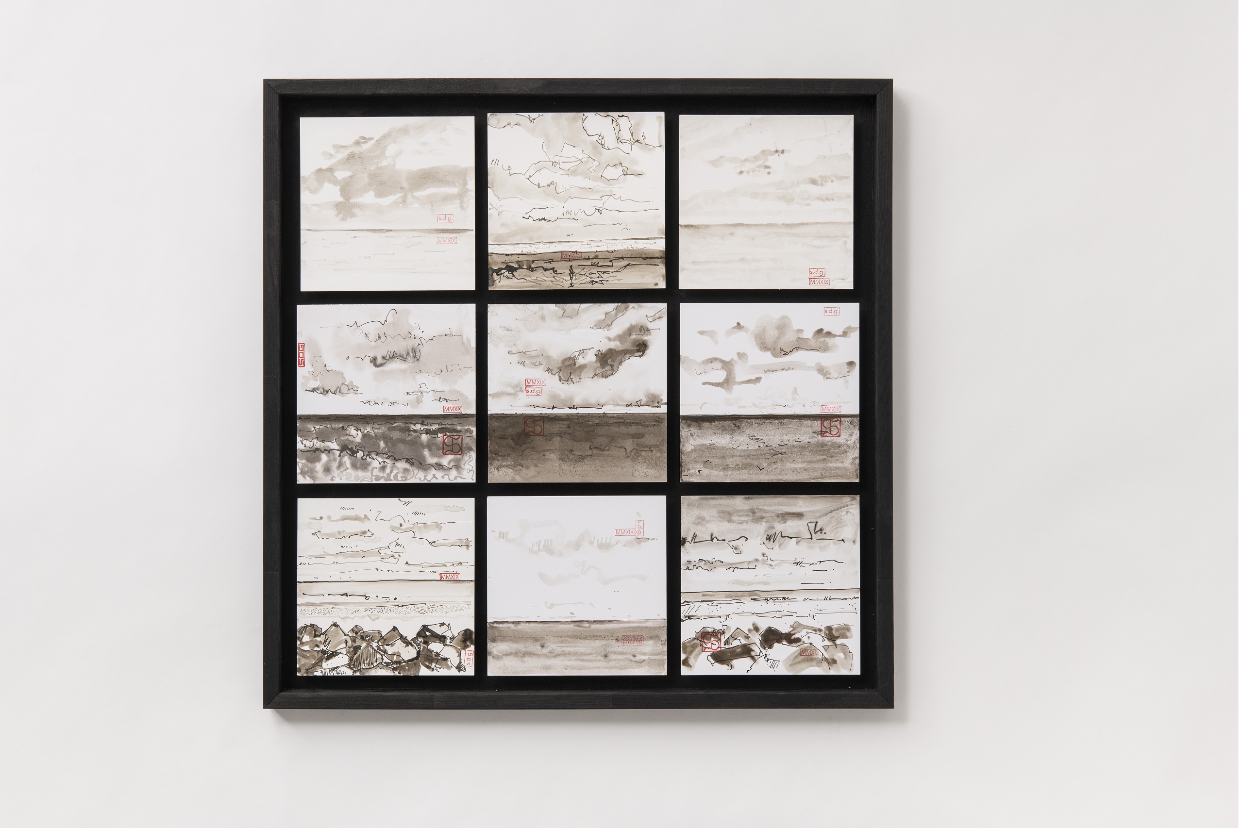 Florian Stocker, Neun Seestücke, Tuschezeichnung mit Lavage auf Karton, 70 cm x 70 cm
