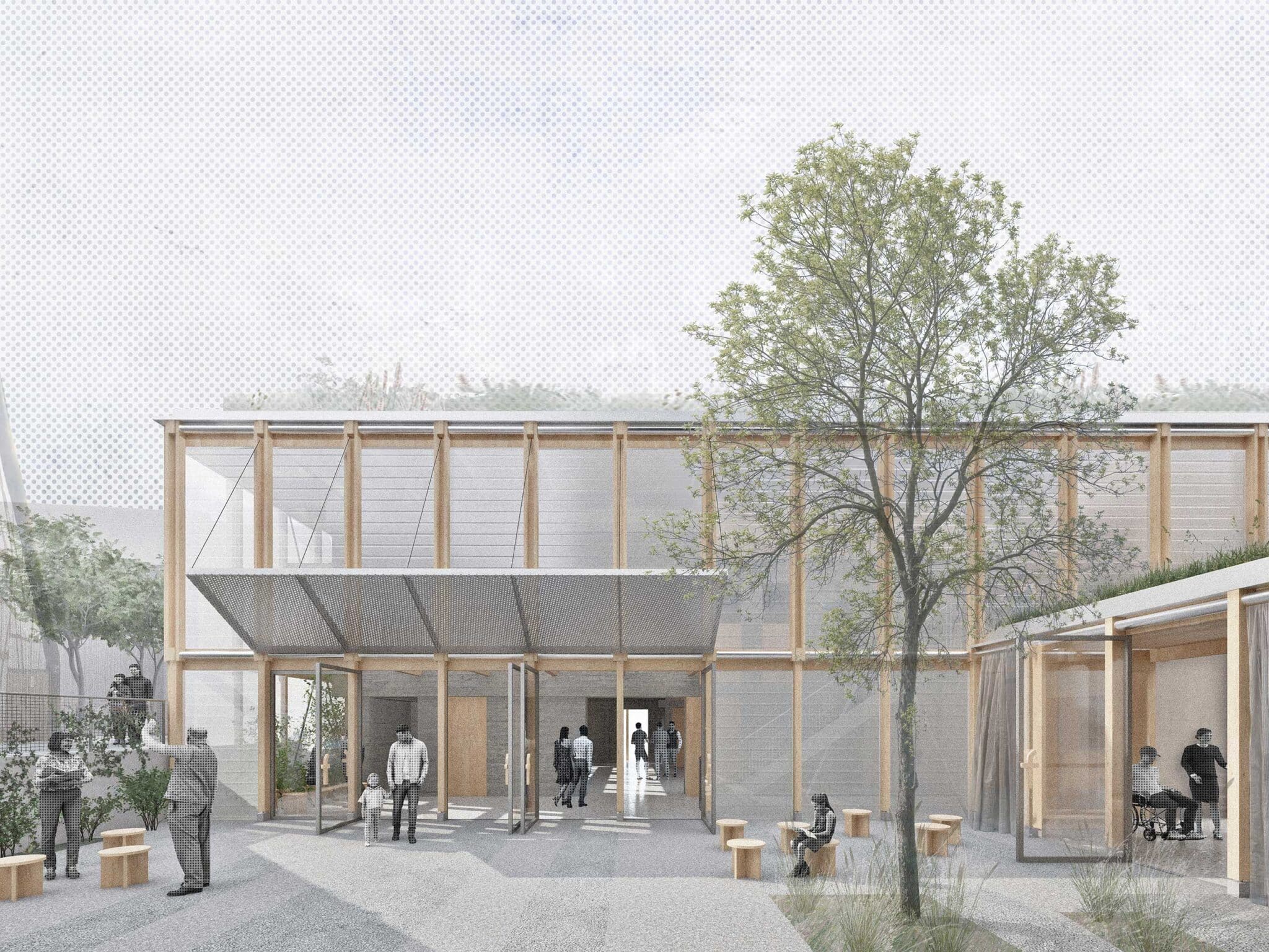 Architekturwettbewerb für das Evangelische Gemeindehaus Feuerbach: Blick auf das Gemeindehaus vom Kirchplatz aus (Bild: Arge Joos Keller + Curious About / Von K Landschaftsarchitektur)