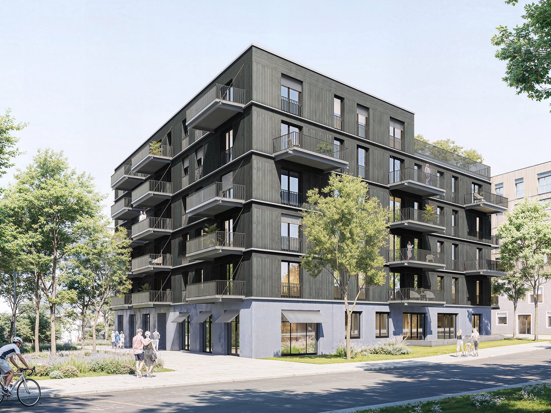 Rendering eines Hauses. Graue Fassade mit grünen Bäumen.