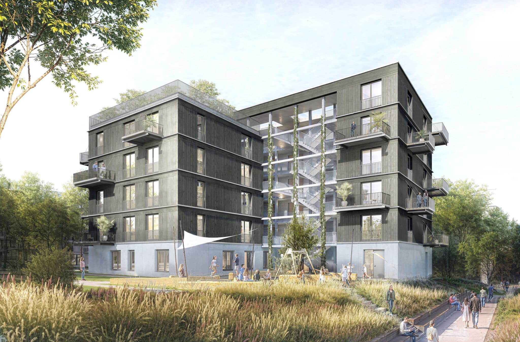 Rendering eines Hauses. Graue Fassade mit vielen Balkonen, grüne Bäume.