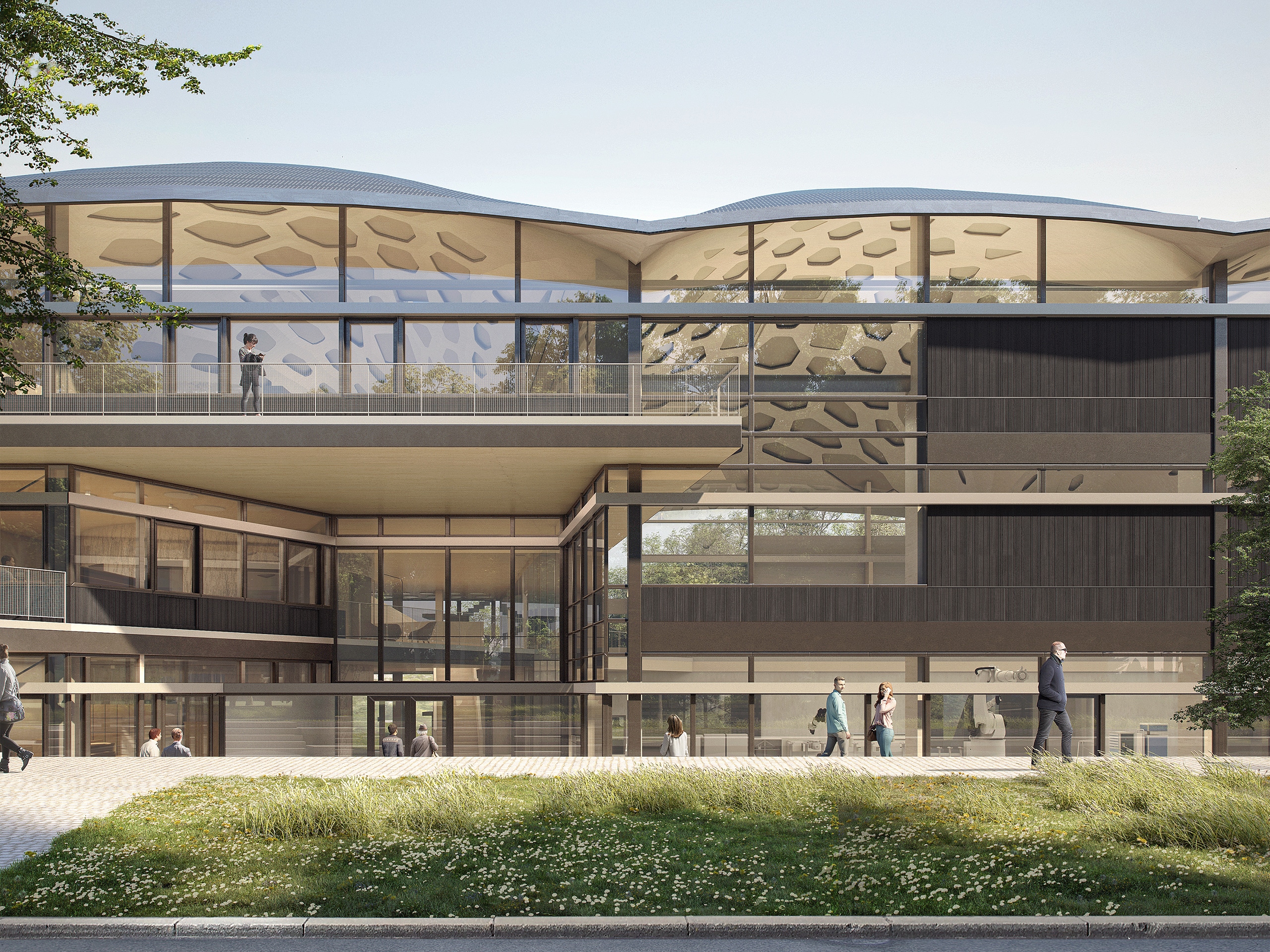 Moderne Architektur mit geschwungenem Dach, großen Fenstern und umliegender Landschaft; Menschen bewegen sich im Vordergrund.