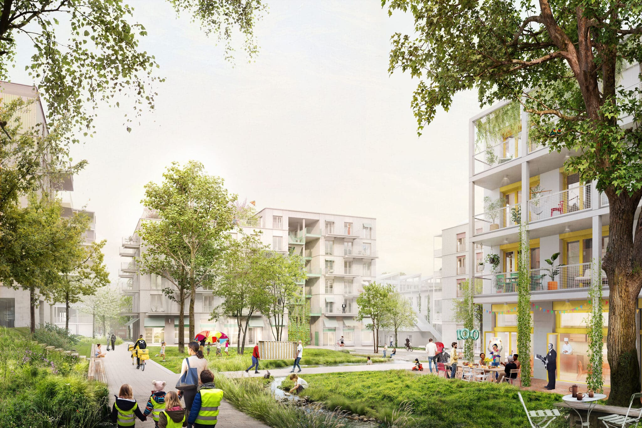 Visualisierung des künftigen Quartiers am Rotweg (Bild: ISSS research | architecture | urbanism, topo*grafik paysagistes, StudioVlayStreeruwitz, EMT Architekten, Greenbox Landschaftsarchitekten, Visualisierung: Ponnie Images)