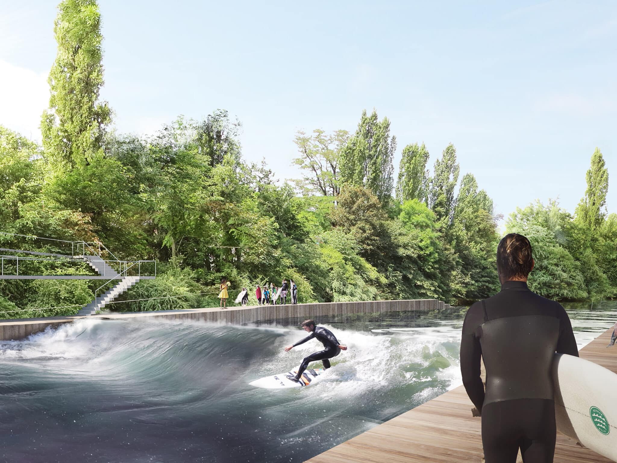 Moderne Surf-Anlage mit Surfer auf der Welle, umgeben von Grünflächen und Zuschauern auf einer Holzterrasse.