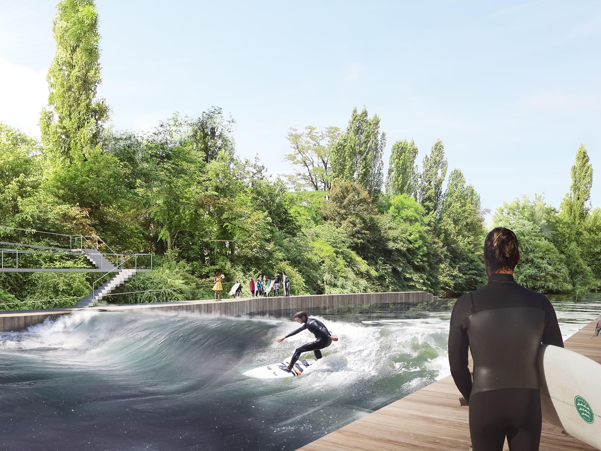 Moderne Surf-Anlage mit Surfer auf der Welle, umgeben von Grünflächen und Zuschauern auf einer Holzterrasse.
