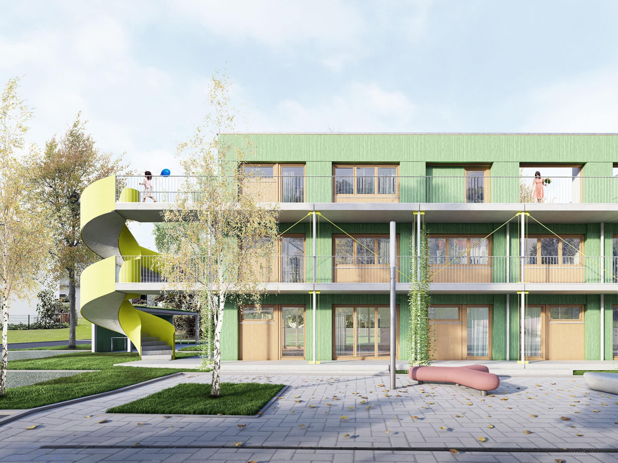 Visualisierung mit grüner Fassade mit ausladender Treppe links in gelb.