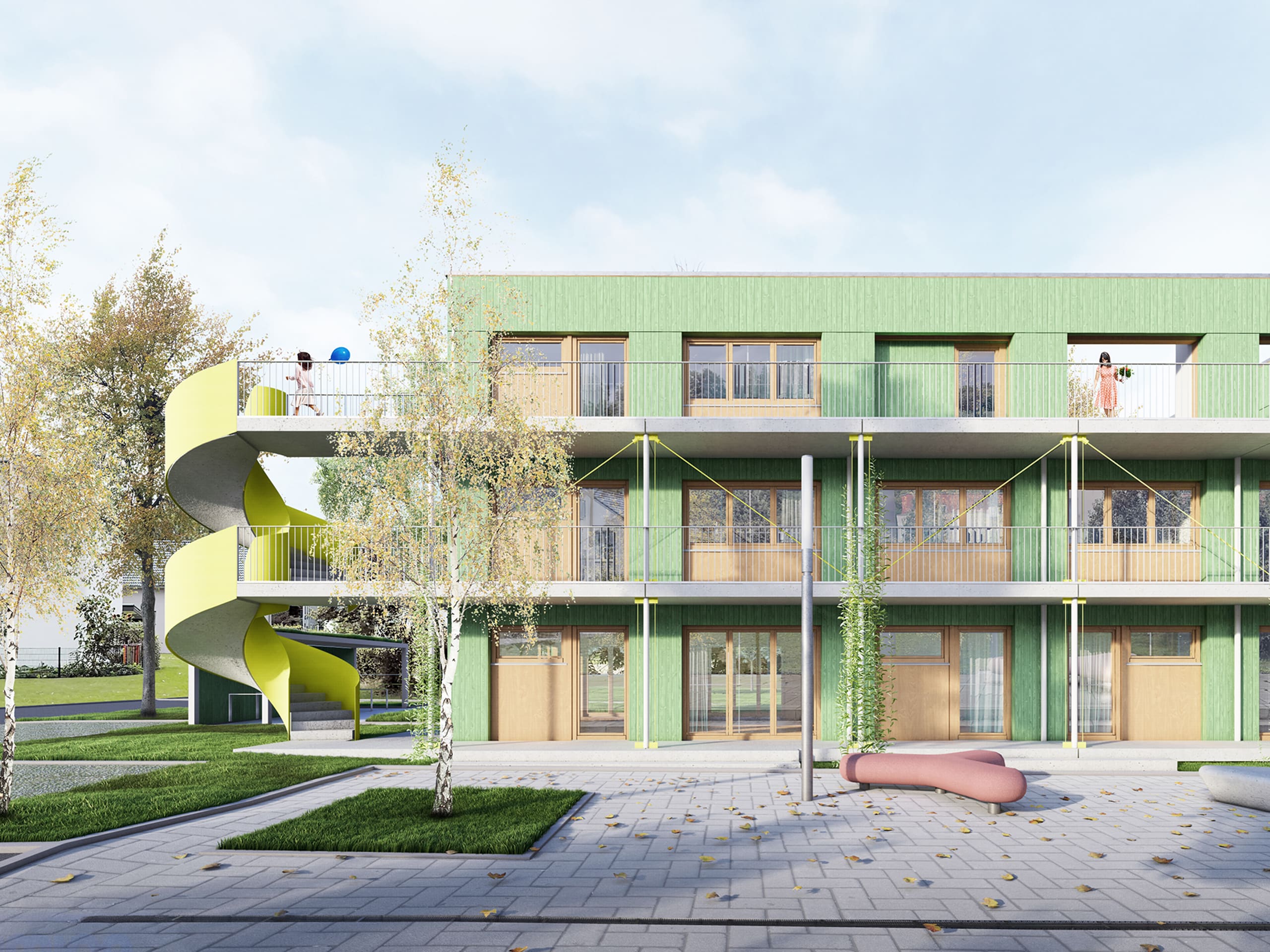 Visualisierung mit grüner Fassade mit ausladender Treppe links in gelb.
