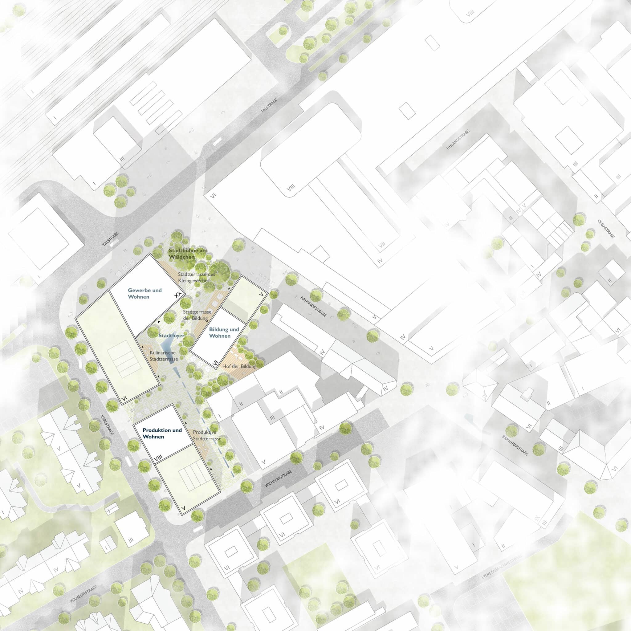 Postareal Böblingen: Site plan of the winning design (Credits: Gutiérrez - De la Fuente Arquitectos / UTA Architekten und Stadtplaner)