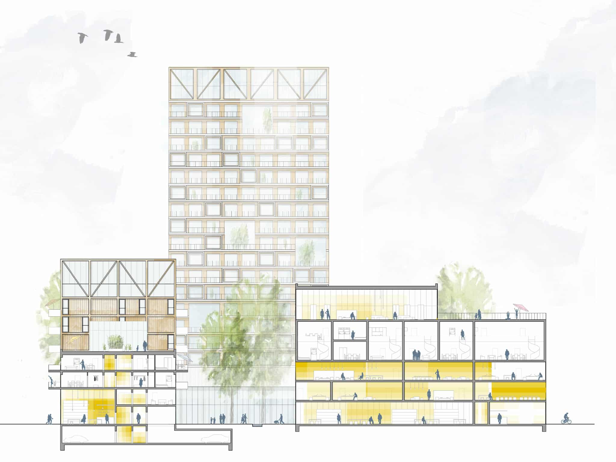 Postareal Böblingen: Sectional view of the winning design (Credits: Gutiérrez - De la Fuente Arquitectos / UTA Architekten und Stadtplaner)