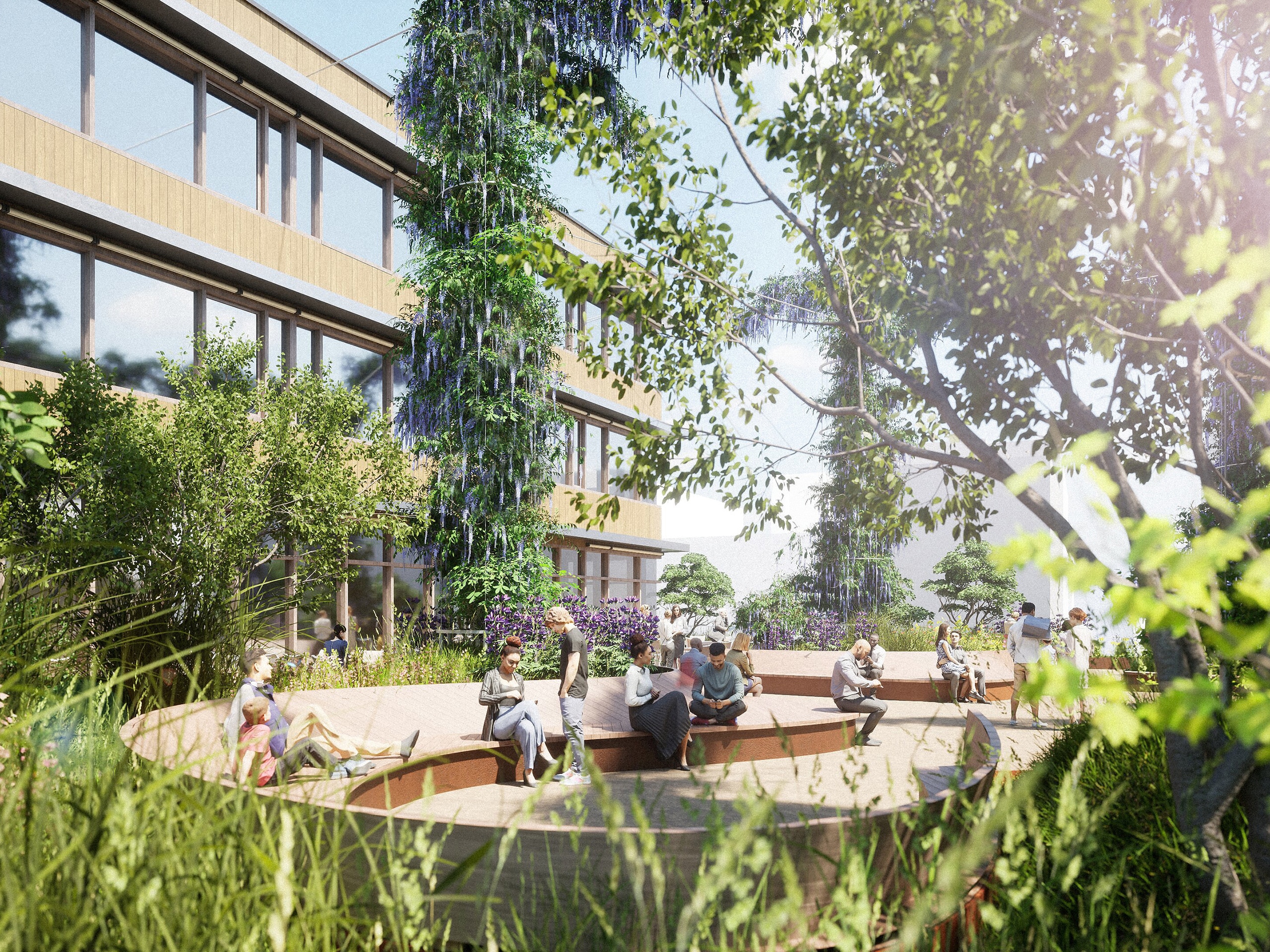 Architekturvisualisierung eines begrünten Dachgartens mit üppiger Bepflanzung, geschwungenen Wegen und Sitzbereichen. Mehrere Menschen bewegen sich durch den Garten; rechts ist ein mehrgeschossiges Gebäude mit großen Fensterflächen zu sehen.