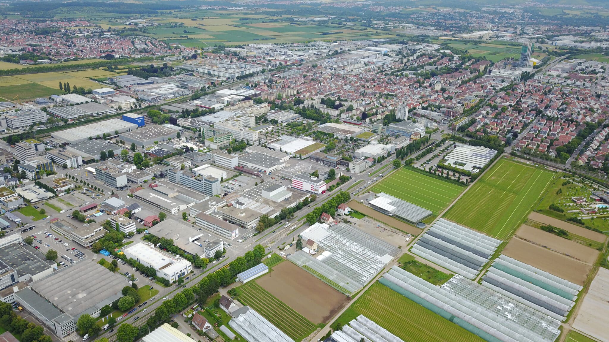 Luftbild des Projektgebiets »AGRICULTURE meets MANUFACTURING« in Fellbach. Bild: Stadt Fellbach / Niessner Design