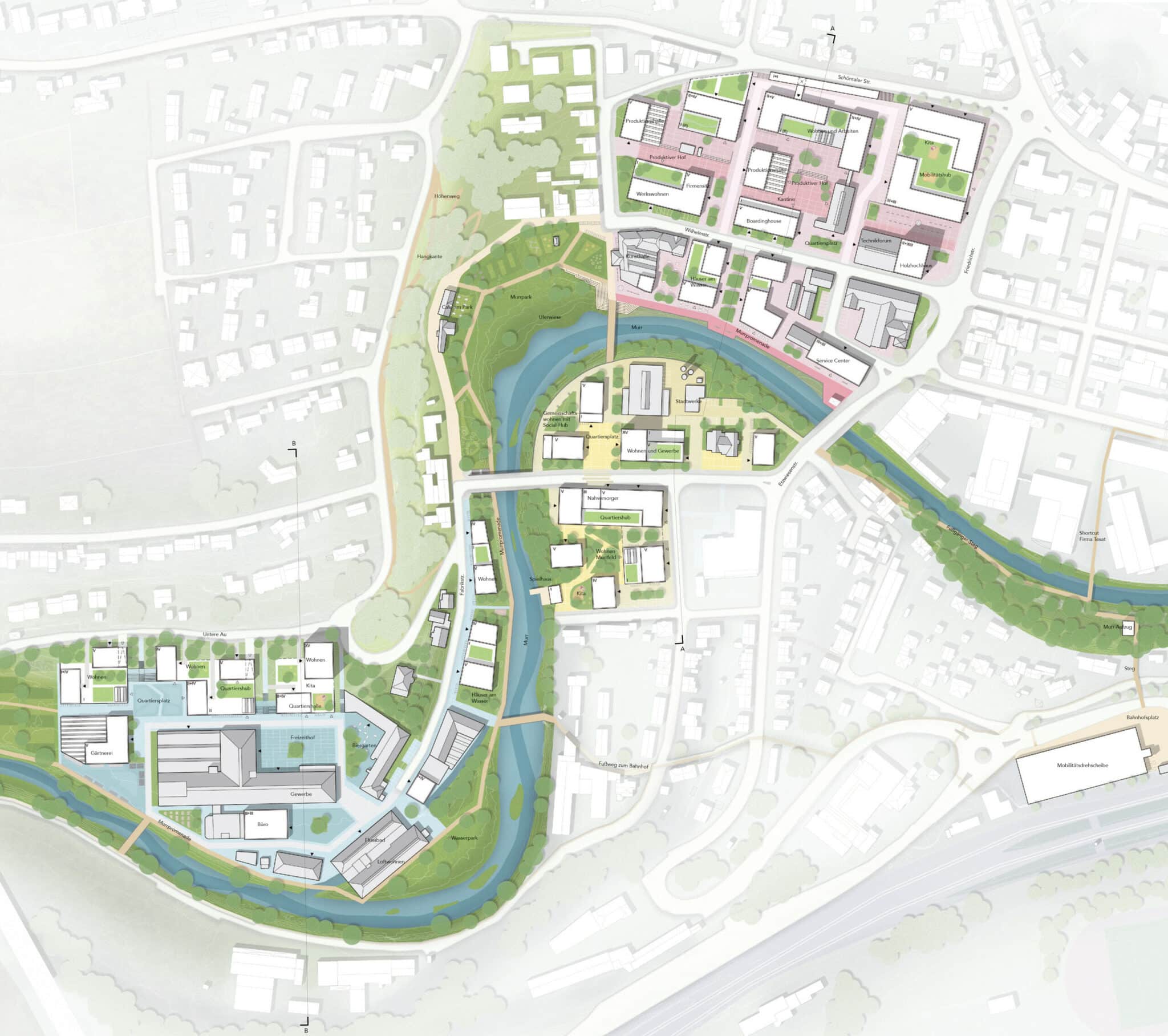 Wettbewerb »Quartier Backnang West«: Lageplan zum Entwurf von Teleinternetcafe Architektur und Urbanismus zusammen mit Treibhaus Landschaftsarchitektur (Bild: Teleinternetcafe/Treibhaus)