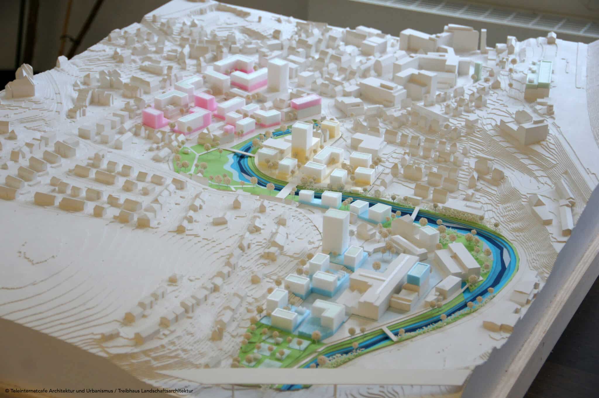 Competition »Backnang West Neighbourhood«. Model of the winning design by Teleinternetcafe Architecture and Urbanism together with Treibhaus Landscape Architecture (Credits: Teleinternetcafe/Treibhaus)