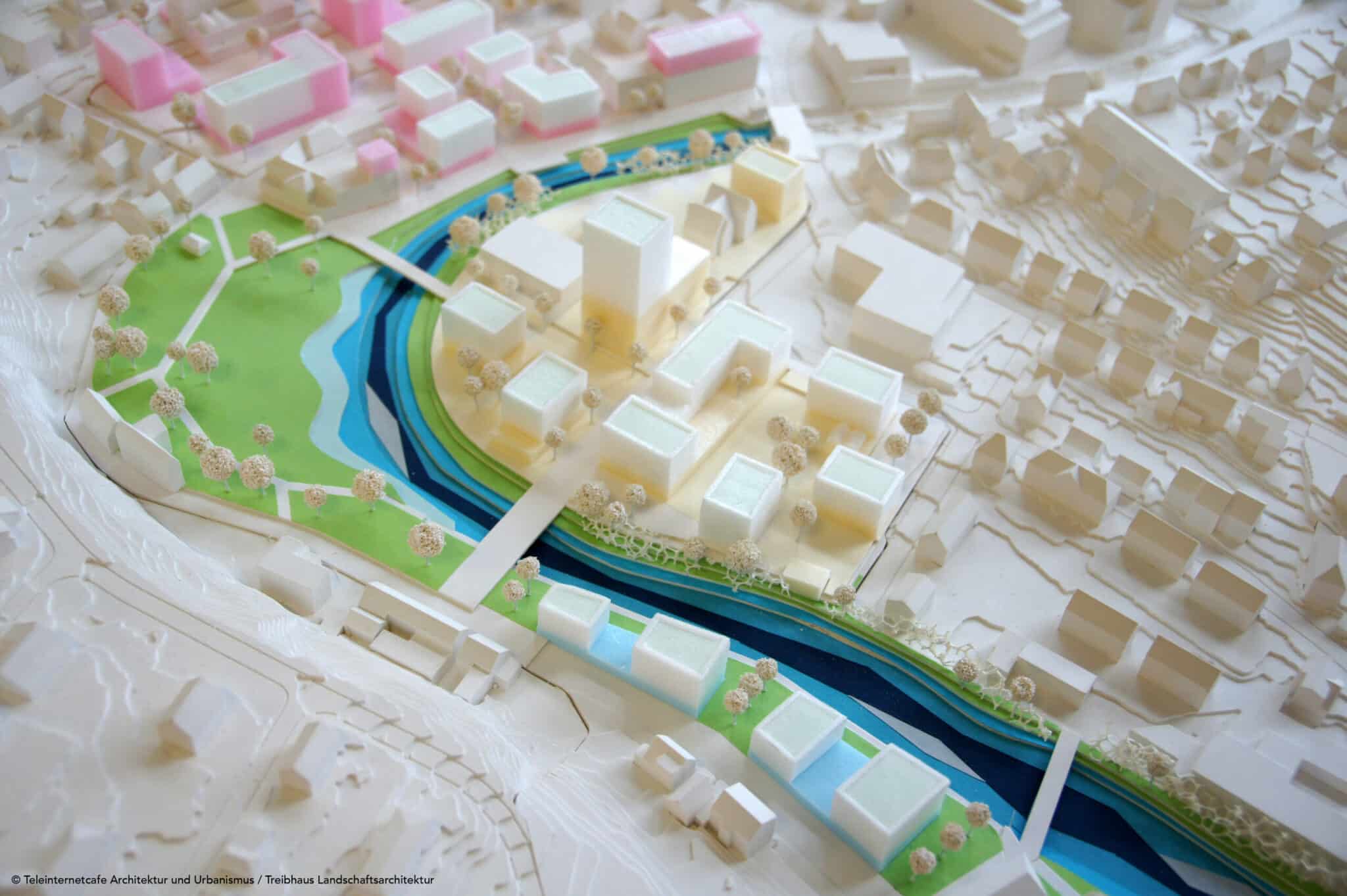 Competition »Backnang West Neighbourhood«. Model of the winning design by Teleinternetcafe Architecture and Urbanism together with Treibhaus Landscape Architecture (Credits: Teleinternetcafe/Treibhaus)