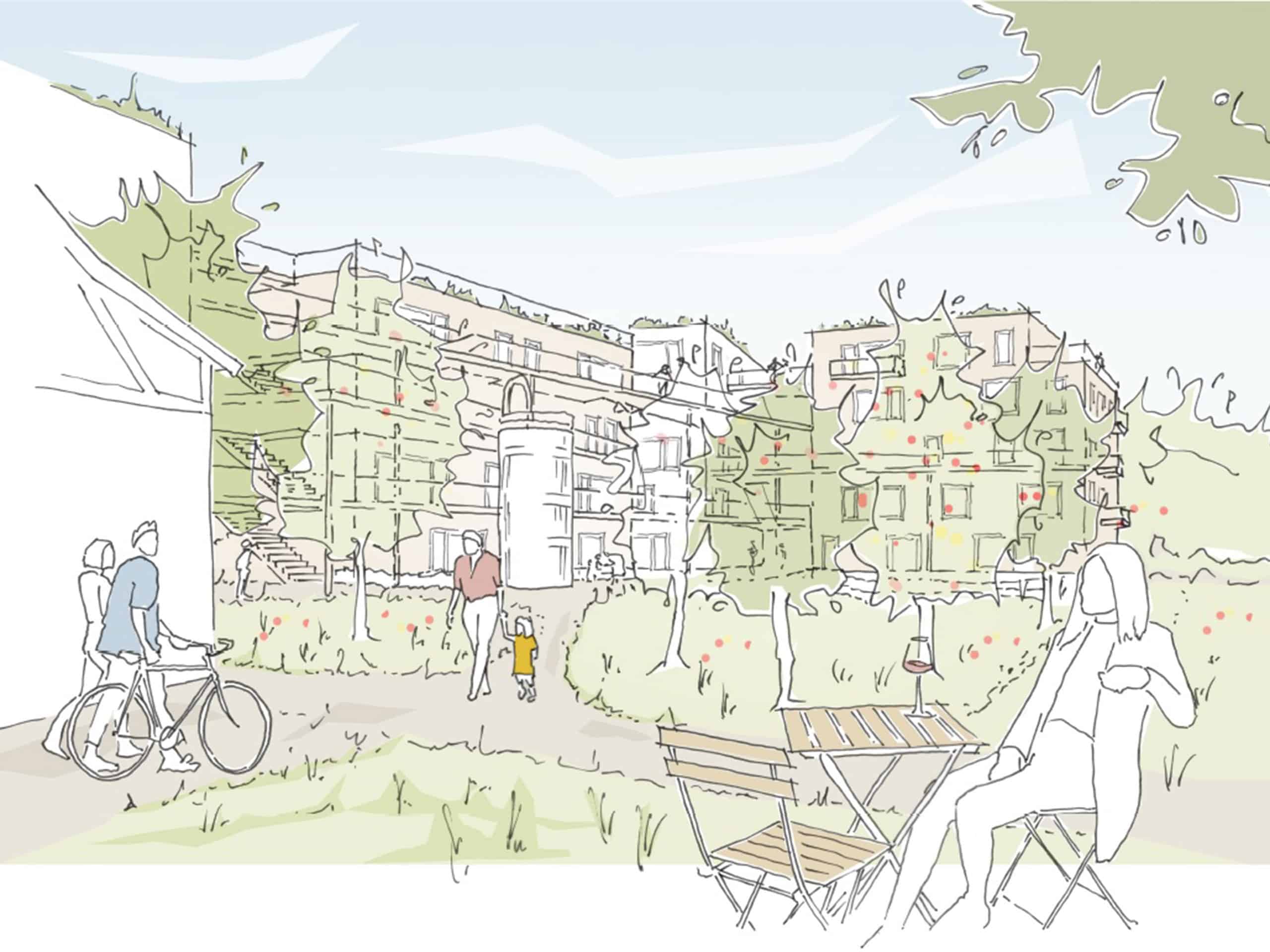 Skizze einer urbanen Landschaft mit Menschen, Fahrrädern und Gartenanlagen in sanften Farben und vereinfachten Formen.