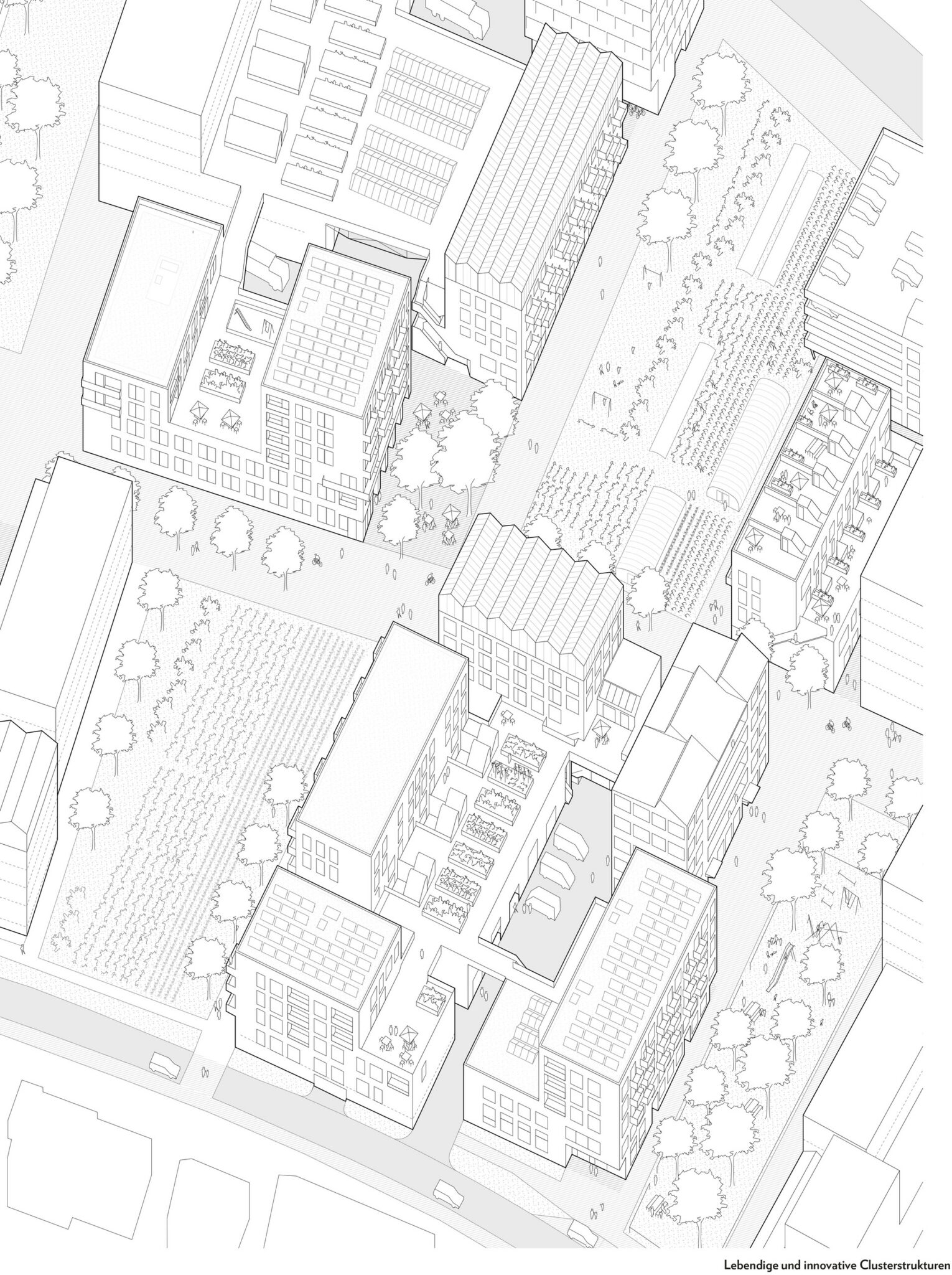 Ausschnitt des städtebaulichen Entwurfs von JOTT architecture & urbanism für das IBA’27-Projekt »Produktives Stadtquartier Winnenden«: Gemischte, dichte und urbane Baublöcke (»Produktive Cluster«) in großzügigen Freiräumen (Bild: JOTT architecture & urbanism GbR)