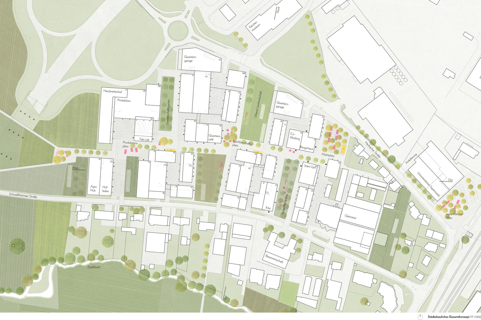Lageplan des städtebaulichen Entwurfs von JOTT architecture & urbanism für das IBA’27-Projekt »Produktives Stadtquartier Winnenden« (Bild: JOTT architecture & urbanism GbR)